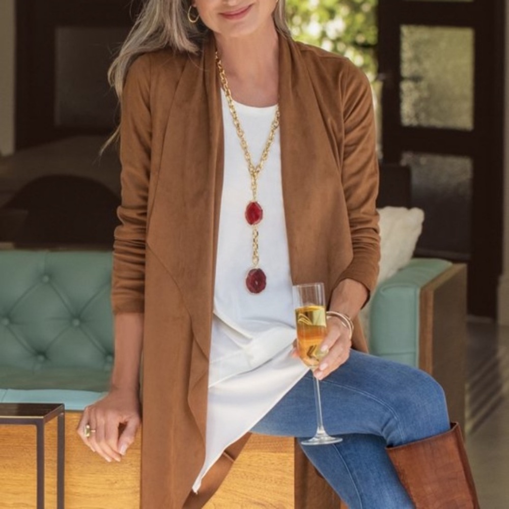 Soft Surroundings | Shape Drape Faux Suede Cardigan Jacket Saddle Brown (S 6-8)
